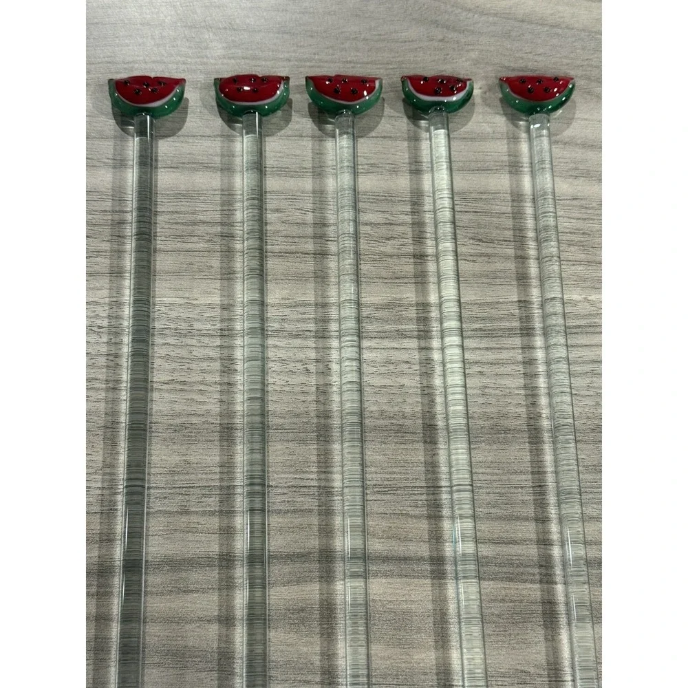 Hand Blown Glass‎ Watermelon Fruit Barware Swizzle Stir Sticks Set Lot of 5